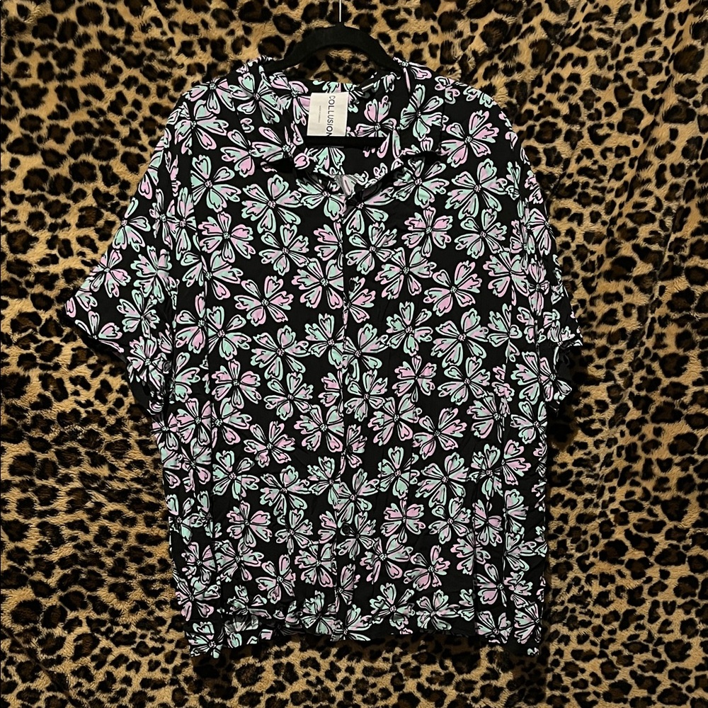 Collusion Black Floral Button Down Shirt
